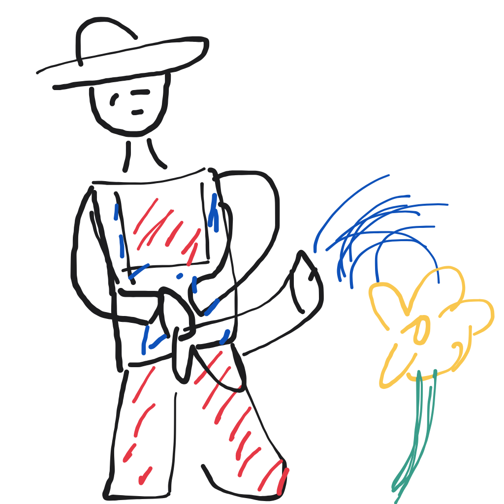 “a gardener watering tall sunflowers” drawn by Totoblah