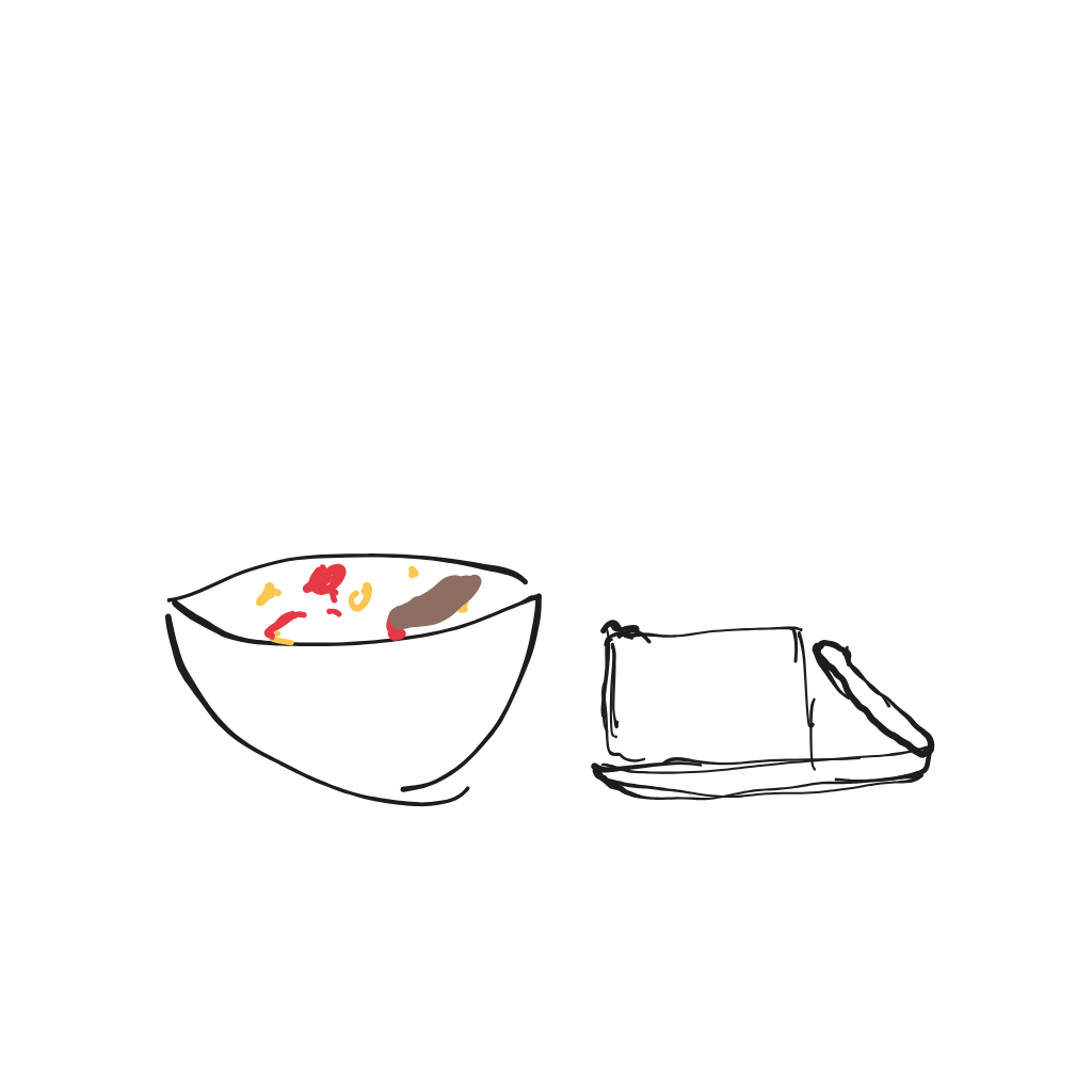 "a bowl of soup with a slice of bread" drawn by @Yeliza