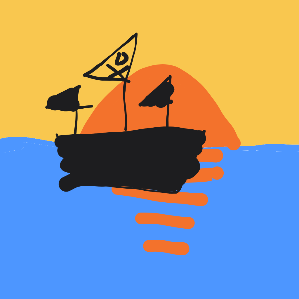 “a pirate ship sailing at sunset” drawn by tooooonee