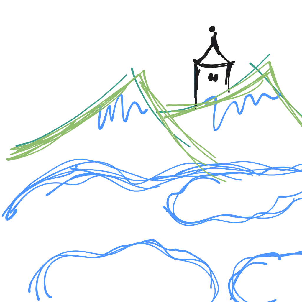 “a mountain temple above the clouds” drawn by anv