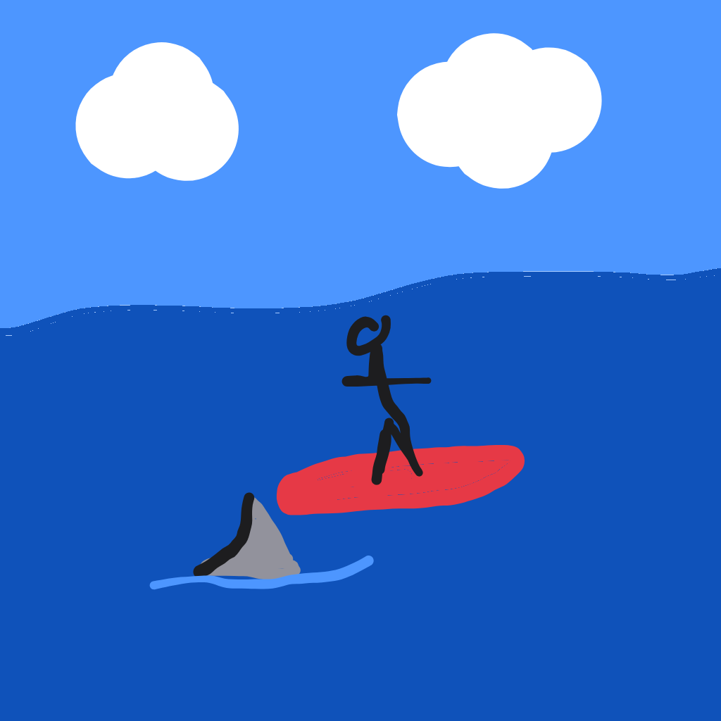“a shark fin circling a surfboard” drawn by cacaprout